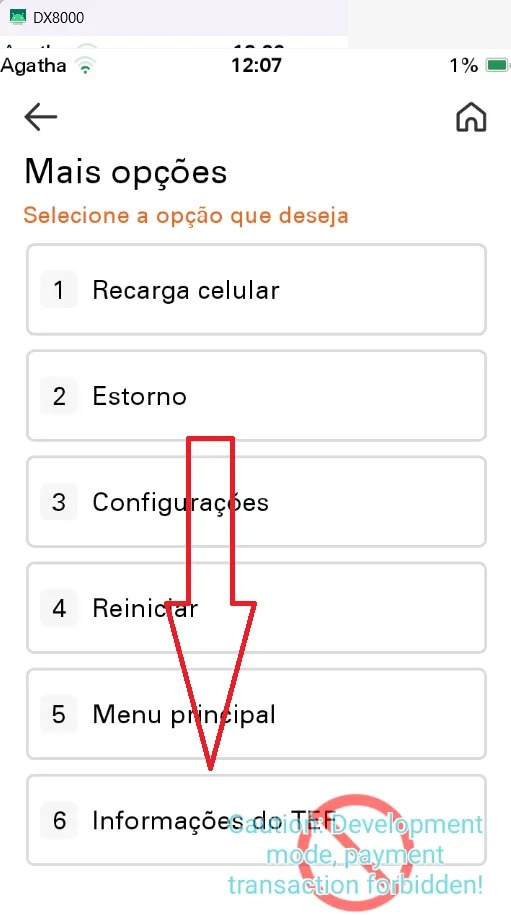 Menu destacando a opção Informações do TEF