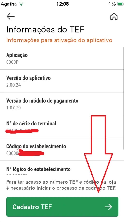 Tela rolando até o botão verde Cadastro TEF